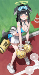 Rule 34 | 1girl, absurdres, animal ears, bare legs, bare shoulders, black hair, blue archive, blue eyes, breasts, character name, cheerleader, cleavage, crop top, day, detached collar, dog ears, drone, embarrassed, eyewear on head, full body, hibiki (blue archive), hibiki (cheer squad) (blue archive), highres, holding, holding pom poms, hwan (verypoor), knees together feet apart, leaning forward, long hair, looking at viewer, medium breasts, midriff, miniskirt, outdoors, parted lips, pleated skirt, pom pom (cheerleading), pom poms, running track, shirt, shoes, skirt, sleeveless, sleeveless shirt, sneakers, solo, standing, standing on one leg, star sticker, sticker on arm, sticker on face, sunglasses, tail, wavy mouth