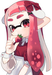 Rule 34 | 1girl, bow, food, fruit, highres, holding, holding food, holding fruit, inkling girl, inkling player character, long hair, nintendo, pointy ears, red bow, red eyes, red hair, sahata saba, simple background, solo, splatoon (series), strawberry, tentacle hair, thick eyebrows, upper body, white background, wrist cuffs