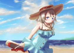 Rule 34 | 1girl, anchor necklace, anchor symbol, aqua dress, aqua eyes, aqua shirt, aqua skirt, artist name, artist request, bag, bare shoulders, beach, blue dress, blue eyes, blue pants, blue shorts, blue sky, blush, bow, breasts, brown hair, brown hat, buttons, cloud, collarbone, dress, female focus, grey hair, hair between eyes, hat, hat ornament, highres, holding, holding bag, jewelry, light brown hair, looking at viewer, love live!, love live! school idol festival, love live! sunshine!!, necklace, ocean, outdoors, pants, parted lips, shirt, short hair, short shorts, shorts, skirt, sky, small breasts, smile, solo, straw hat, striped clothes, striped dress, teeth, vertical-striped clothes, vertical-striped dress, watanabe you