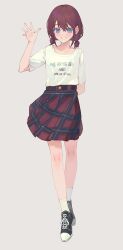 Rule 34 | 1girl, black footwear, blush, commentary, english text, full body, girls band cry, grey background, hand up, highres, iseri nina, mikann (clm mikan), open mouth, plaid, plaid skirt, red hair, red skirt, shirt, shoes, short sleeves, short twintails, simple background, skirt, smile, sneakers, socks, solo, twintails, waving, white shirt, white socks