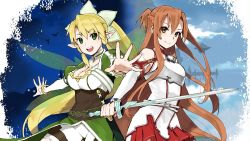 Rule 34 | 10s, 2girls, :d, armor, asuna (sao), bare shoulders, belt, blonde hair, bracelet, braid, breastplate, breasts, brown eyes, brown hair, buckle, cleavage, cloud, detached sleeves, elf, end card, eyecatch, green eyes, highres, jewelry, leafa, long hair, long sleeves, multiple girls, non-web source, open mouth, outstretched arms, outstretched hand, pointy ears, ponytail, puffy sleeves, screencap, shorts, skirt, sky, smile, sword, sword art online, takenashi eri, twin braids, weapon, white armor