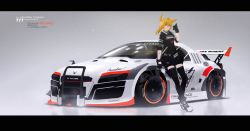 Rule 34 | 1girl, animal ears, audi, bad id, bad pixiv id, bandaid, bandaid on face, bandaid on nose, blonde hair, car, english text, fingerless gloves, fox ears, gloves, highres, letterboxed, miv4t, motor vehicle, original, ponytail, race vehicle, racecar, solo, spoiler (automobile), tattoo, thighhighs, vehicle, vehicle focus, yellow eyes, zettai ryouiki