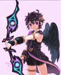 1boy ahoge alternate_color androgynous armlet bad_source belt black_belt black_wings bracer closed_mouth dark_angel dark_pit darkness_bow_(kid_icarus) feathered_wings fingerless_gloves gloves gold_armlet gold_trim holding holding_weapon jewelry kid_icarus kid_icarus_uprising laurel_crown male_focus nintendo nopepe official_alternate_color purple_background purple_trim red_eyes sidelocks solo spiked_hair super_smash_bros. thighlet weapon wings