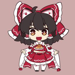 Rule 34 | 1girl, ahoge, ascot, black hair, blush, bow, chibi, detached sleeves, dnk, frilled bow, frills, full body, gradient background, hair bow, hair tubes, hakurei reimu, highres, looking at viewer, midriff, navel, open mouth, red bow, red skirt, ribbon-trimmed sleeves, ribbon trim, skirt, skirt set, smile, solo, standing, touhou, wide sleeves, yellow ascot