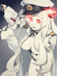 Rule 34 | 10s, 1boy, 1girl, abyssal ship, admiral (kancolle), airfield princess, bdsm, blush, bondage, bound, bound wrists, breasts, deco (geigeki honey), gagged, hat, horns, kantai collection, large breasts, licking lips, long hair, military, military uniform, open clothes, pale skin, peaked cap, red eyes, tongue, tongue out, uniform, very long hair, watermark, web address, white hair