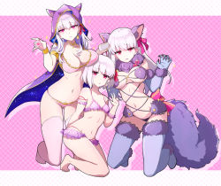 Rule 34 | 3girls, absurdres, animal ears, bare shoulders, bikini, blush, bow, breasts, chocolate heaven (fate/grand order), cleavage, cloak, collarbone, cosplay, earrings, elbow gloves, fate/grand order, fate (series), fur-trimmed gloves, fur-trimmed legwear, fur collar, fur trim, gloves, gold trim, hair ribbon, highres, hood, hood up, hooded cloak, horned hood, horns, jewelry, kama (chocolate heaven) (fate), kama (fate), kama (summer enma-tei) (fate), kneeling, lace, lace-trimmed legwear, lace trim, large breasts, long hair, looking at viewer, mash kyrielight, mash kyrielight (dangerous beast), mash kyrielight (dangerous beast) (cosplay), multiple girls, multiple persona, nail polish, navel, necklace, o-ring, official alternate costume, pink bikini, purple cloak, purple gloves, purple legwear, red eyes, revealing clothes, ribbon, short hair, silver hair, small breasts, summer enma-tei, swimsuit, tail, thighs, wolf ears, wolf tail, yuniyuni