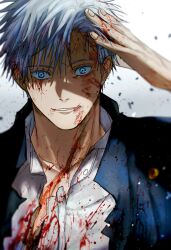 Rule 34 | 1boy, absurdres, black jacket, blood, blood on clothes, blood on face, blue eyes, collarbone, collared shirt, gojou satoru, hand up, highres, jacket, jujutsu kaisen, looking at viewer, male focus, parted lips, shirt, short hair, smile, solo, upper body, white background, white hair, white shirt, yoon (dmsco1803)