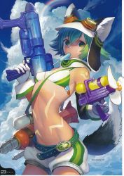 Rule 34 | 1girl, artist request, bare shoulders, bikini, breasts, cyberconnect2, food, forest, green eyes, green hair, hat, highres, looking at viewer, nature, navel, neptune (series), popsicle, scan, short hair, small breasts, solo, swimsuit, tail, water gun