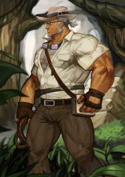 Rule 34 | 1boy, absurdres, bara, blue eyes, brown gloves, brown pants, bulge, chest hair, facial hair, gloves, goatee, goggles, goggles around neck, grey hair, highres, large pectorals, live a hero, male focus, marfik (live a hero), muscular, old, old man, pants, pectorals, short hair, sideburns, solo, thick thighs, thighs, traver009, white headwear