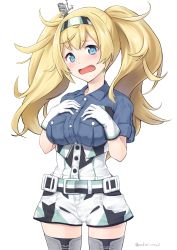 Rule 34 | 1girl, bad id, bad pixiv id, belt, blonde hair, blue eyes, blue shirt, breast pocket, breasts, collared shirt, cowboy shot, gambier bay (kancolle), gloves, hair between eyes, hairband, highres, kantai collection, large breasts, long hair, looking at viewer, open mouth, pocket, shirt, shorts, simple background, solo, thighhighs, twintails, white background, white gloves, yuuki kazuhito