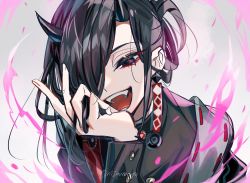 Rule 34 | 1other, asymmetrical hair, black eyes, black hair, black horns, earrings, eyeliner, fangs, fangs out, fire, gakuran, gorozaemon (housamo), grey background, hand on own chin, highres, horns, jacket, jacket on shoulders, jewelry, makeup, ninahachi, oni horns, open mouth, other focus, pink fire, red eyeliner, school uniform, single earring, solo, swept bangs, tokyo houkago summoners, twitter username, upper body