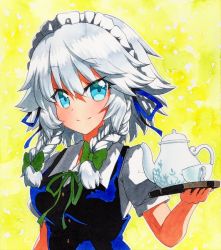 Rule 34 | 1girl, bad hands, bad id, bad pixiv id, blue eyes, blue ribbon, blue vest, bow, braid, breasts, closed mouth, collared shirt, cup, green bow, hair between eyes, hair bow, hair ribbon, holding, holding tray, izayoi sakuya, looking at viewer, maid, maid headdress, medium hair, puffy short sleeves, puffy sleeves, qqqrinkappp, ribbon, shadow, shikishi, shirt, short sleeves, silver hair, small breasts, smile, solo, teacup, teapot, touhou, traditional media, tray, twin braids, upper body, vest, white shirt, yellow background