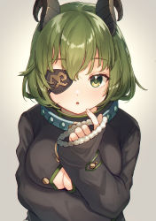 Rule 34 | 1girl, nanashi inc., :o, absurdres, arm under breasts, black jacket, blue collar, breasts, cleavage, cleavage cutout, clothing cutout, collar, commentary request, demon girl, demon horns, eyepatch, finger to mouth, green eyes, green hair, highres, hiyorou, honey strap, horns, jacket, large breasts, long sleeves, sekishiro mico, short hair, sleeves past wrists, solo, virtual youtuber