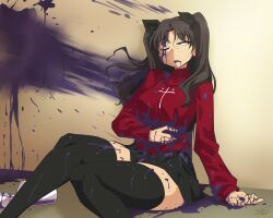 Rule 34 | 1girl, against wall, black hair, cup, disposable cup, fate/stay night, fate (series), grimace shake (meme), long sleeves, mcdonald&#039;s, meme, miniskirt, one eye closed, open mouth, purple liquid, ryou sakai, sitting, skirt, solo, teeth, thighhighs, tohsaka rin, tongue