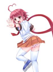 Rule 34 | 1girl, ahoge, aino heart, aq interactive, arcana heart, ass, atlus, examu, from behind, heart, heart ahoge, necktie, open mouth, panties, pink hair, red eyes, ribbon, saba kan, school uniform, short hair, skirt, solo, striped clothes, striped panties, thighhighs, underwear, white thighhighs