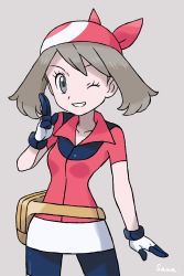 Rule 34 | 1girl, artist name, bandana, bike shorts, brown hair, collared shirt, commentary request, cowboy shot, creatures (company), eyelashes, fanny pack, game freak, gloves, grey eyes, hand up, highres, looking at viewer, may (pokemon), nintendo, one eye closed, pokemon, pokemon rse, red bandana, sawa (soranosawa), shirt, short sleeves, smile, solo, teeth, watermark