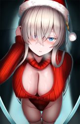 Rule 34 | 1girl, anastasia (fate), blue eyes, blush, breasts, christmas, cleavage, cleavage cutout, clothing cutout, fate/grand order, fate (series), fur-trimmed headwear, fur trim, hair over one eye, hat, large breasts, long hair, long sleeves, looking at viewer, parted lips, red hat, red sweater, santa hat, silver hair, sweater, thighhighs, thighs, zukky