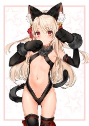 Rule 34 | 1girl, absurdres, animal ear fluff, animal ears, animal hands, armpits, bare shoulders, bell, black gloves, black leotard, black thighhighs, blonde hair, blush, border, cameltoe, cat ears, cat tail, center opening, closed mouth, commentary request, cowboy shot, elbow gloves, fake animal ears, fate/kaleid liner prisma illya, fate (series), flat chest, fur collar, fur trim, gloves, gluteal fold, groin, hair ornament, hair ribbon, highres, illyasviel von einzbern, illyasviel von einzbern (beast style), jingle bell, leotard, long hair, looking at viewer, navel, official alternate costume, paw gloves, paw pose, red eyes, red ribbon, revealing clothes, ribbon, smile, solo, standing, stomach, tail, thighhighs, two side up, white border, yukineko1018