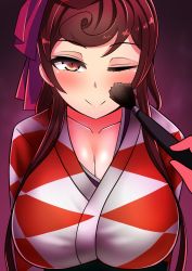 Rule 34 | 10s, 1girl, arms at sides, blush, breasts, brown hair, cleavage, closed eye, collarbone, hair ornament, highres, japanese clothes, kimono, large breasts, long hair, looking at viewer, paintbrush, purple background, red eyes, sagging breasts, smile, solo focus, split mouth, the only shoe, upper body, yuugiri (zombie land saga), zombie land saga
