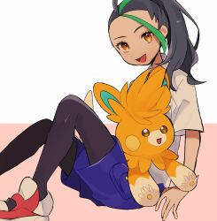 Rule 34 | 1girl, :d, black hair, blush, brown eyes, commentary request, creatures (company), eyelashes, game freak, green hair, happy, highres, long hair, multicolored hair, nemona (pokemon), nintendo, on lap, open mouth, pantyhose, pawmot, pokemon, pokemon (creature), pokemon on lap, pokemon sv, ponytail, purple shorts, shirt, shoes, short sleeves, shorts, sitting, smile, two-tone background, two-tone hair, ukocome