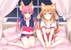 Rule 34 | 2girls, alternate costume, animal ears, barefoot, bed, blonde hair, blue bow, blush, bow, breasts, brown eyes, cleavage, closed mouth, fate/grand order, fate (series), feet, fox ears, hair bow, hands on feet, large breasts, long hair, looking at viewer, multiple girls, open mouth, pajamas, pillow, pink hair, scrunchie, shiromu, shirt, short sleeves, siblings, side-by-side, sisters, suzuka gozen (fate), tail, tamamo (fate), tamamo no mae (fate/extra), very long hair