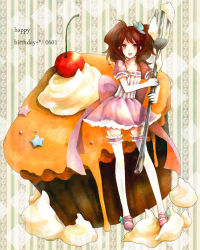 Rule 34 | atlus, bad id, bad pixiv id, cupcake, flower, food, fork, gloves, hair flower, hair ornament, kujikawa rise, legs, lolita fashion, oversized object, persona, persona 4, red hair, smile, solo, tayako, thighhighs, twintails