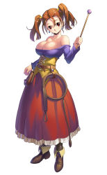 Rule 34 | 1girl, bare shoulders, blush, breasts, cleavage, corset, dragon quest, dragon quest viii, dress, earrings, jessica albert, jewelry, large breasts, purple shirt, red eyes, red hair, shirt, simple background, smile, solo, square enix, standing, strapless, strapless dress, uchiu kazuma, wand, whip, white background