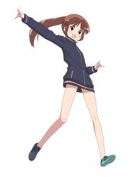Rule 34 | 1girl, bare legs, female focus, full body, highres, jacket, long sleeves, naked jacket, saki (manga), simple background, solo, takakamo shizuno, track jacket