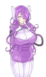 Rule 34 | 1girl, arm cannon, bodysuit, bodysuit under clothes, breasts, cable, decepticon, genderswap, genderswap (mtf), glowing, glowing eye, hair over one eye, hand on own chest, highres, huge breasts, humanization, jacket, kotone a, long hair, one eye covered, purple hair, purple jacket, shockwave (transformers), solo, transformers, very long hair, weapon, white background, white bodysuit, yellow eyes