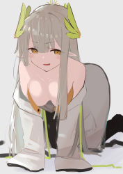 Rule 34 | 1girl, :d, :p, absurdres, all fours, arknights, asususususu, black choker, black legwear, brown eyes, choker, coat, collarbone, commentary request, fang, grey background, grey hair, highres, long hair, long sleeves, muelsyse (arknights), off shoulder, open clothes, open coat, open mouth, pointy ears, simple background, skin fang, sleeves past wrists, smile, solo, tongue, tongue out, v-shaped eyebrows, white coat