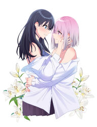 Rule 34 | 2girls, absurdres, black hair, black skirt, blue eyes, bra, breasts, chinese commentary, collared shirt, commentary request, couple, cowboy shot, cropped torso, dress shirt, eye contact, flower, gridman universe, hair between eyes, hand on another&#039;s cheek, hand on another&#039;s face, highres, hug, jovei, large breasts, lily (flower), long sleeves, looking at another, multiple girls, off shoulder, open mouth, pink eyes, pink hair, pleated skirt, purple bra, shinjou akane, shirt, skirt, smile, ssss.gridman, takarada rikka, underwear, white flower, white shirt, yuri