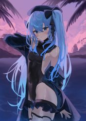 Rule 34 | 1girl, absurdres, beret, blue eyes, blue hair, blush, breasts, covered navel, frills, hair between eyes, hat, highres, hololive, hoshimachi suisei, jacket, kabedoru, long hair, looking at viewer, ocean, one-piece swimsuit, ribbon, side ponytail, small breasts, solo, swimsuit, thigh strap, thighs, virtual youtuber