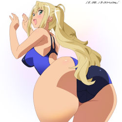 Rule 34 | 1girl, :d, artist name, ass, baba arumi, bare shoulders, blonde hair, blush, breasts, competition swimsuit, dated, dumbbell nan kilo moteru?, from behind, green eyes, huge ass, large breasts, long hair, looking back, one-piece swimsuit, open mouth, sakura hibiki, smile, solo, swimsuit, tan, thick thighs, thighs, twintails, wide hips