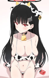 Rule 34 | 1girl, animal ears, animal print, bell, black hair, blue archive, blush, breasts, cleavage, cow ears, cow print, cowbell, donutman, fake animal ears, gloves, hair ornament, hairclip, halo, highres, large breasts, navel, neck bell, okamoto condoms, one-piece swimsuit, red eyes, rio (blue archive), sitting, slingshot swimsuit, solo, straight hair, swimsuit