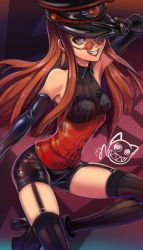 Rule 34 | 1girl, absurdres, black gloves, black shorts, black thighhighs, blue eyes, breasts, brown hair, corset, elbow gloves, floating hair, garter straps, glasses, gloves, grin, highres, long hair, looking at viewer, looking over eyewear, looking over glasses, medium breasts, persona, persona 5, persona 5: dancing star night, persona dancing, red-tinted eyewear, red-tinted glasses, round eyewear, sakura futaba, shiny clothes, short shorts, shorts, smile, solo, standing, standing on one leg, sunglasses, thighhighs, tinted eyewear, toasty scones, very long hair, wing collar, yellow-framed eyewear, zettai ryouiki
