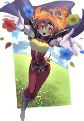 Rule 34 | 1girl, :d, armor, belt, blurry, blurry foreground, boots, cape, commission, depth of field, earrings, flower, gloves, grasslands, headband, highres, jewelry, lina inverse, looking at viewer, open mouth, orange hair, pants, red eyes, shoulder armor, slayers, smile, solo, teeth, tostantan, upper teeth only, white gloves