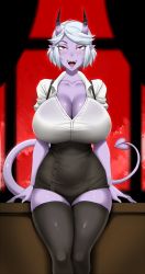Rule 34 | 1girl, black horns, black skirt, black thighhighs, breasts, cleavage, colored skin, demon, demon girl, eyebrows, fangs, highres, horns, huge breasts, indie virtual youtuber, looking at viewer, mimiqvr (vtuber), office lady, oni, open mouth, pencil skirt, pointy ears, purple horns, purple skin, purple tail, red sky, short hair, silver hair, sitting, skirt, sky, sleeves rolled up, solo, table, tail, thick thighs, thighhighs, thighs, twrlare, virtual youtuber, wide hips