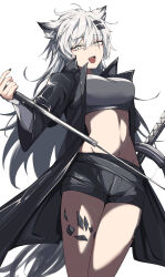 Rule 34 | 1girl, :d, absurdres, animal ears, arknights, black coat, black shorts, breasts, coat, commentary, cowboy shot, grey eyes, hair ornament, hairclip, highres, kiyakyuu, lappland (arknights), long hair, long sleeves, looking at viewer, material growth, medium breasts, midriff, navel, open clothes, open coat, open mouth, oripathy lesion (arknights), short shorts, shorts, simple background, smile, solo, standing, stomach, strapless, thighs, tube top, very long hair, white background, white hair, wolf ears