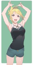 Rule 34 | 1girl, :d, arms up, black shirt, black tank top, blonde hair, breasts, buttons, cleavage, cowboy shot, fangs, green background, heart, henken, highres, open mouth, orange eyes, original, shirt, short hair, shorts, sienna (henken), small breasts, smile, solo, tank top, tareme, thighs