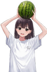 Rule 34 | 1girl, :d, akipeko, arm up, black hair, blush, brown eyes, dot nose, food, fruit, happy, highres, looking at viewer, medium hair, nicoseiga124063550, on head, open mouth, original, shirt, short sleeves, simple background, smile, solo, t-shirt, teeth, upper body, watermelon, white background