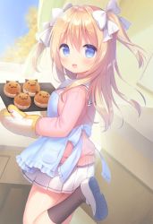 Rule 34 | 1girl, :d, animal print, apron, black socks, blonde hair, blue apron, blue eyes, blush, bow, cat print, cupcake, day, emori el, fang, food, frilled apron, frills, from side, hair between eyes, hair bow, highres, holding, holding tray, indoors, kneehighs, leg up, liver city, long hair, looking at viewer, miniskirt, official art, open mouth, oven mitts, pink sweater, pleated skirt, school uniform, serafuku, shoe soles, shoes, skirt, smile, socks, solo, standing, standing on one leg, sweater, themed object, tray, two side up, usashiro mani, uwabaki, white bow, white skirt, window