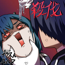 Rule 34 | 2girls, anger vein, bianca (black survival), black hair, black survival, blue hair, cheek pinching, commentary request, cross-shaped pupils, cup, fang, gloves, gradient background, highres, looking at another, multiple girls, open mouth, pinching, pouring, purple background, red background, red eyes, rinyamame, shaded face, short hair, silvia piquet, sweat, symbol-shaped pupils, translation request, white gloves