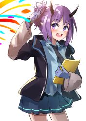 Rule 34 | 1girl, absurdres, arknights, black jacket, black necktie, blue gloves, blue shirt, blue skirt, blush, book, collared shirt, commentary, confetti, demon girl, demon horns, gloves, hair bun, hair up, hand up, hibiscus (arknights), highres, holding, holding book, horns, jacket, looking to the side, material growth, necktie, open clothes, open jacket, open mouth, oripathy lesion (arknights), pleated skirt, purple eyes, purple hair, riu kawano, shirt, sidelocks, simple background, sketch, skirt, smile, solo, teeth, tongue, upper teeth only, white background