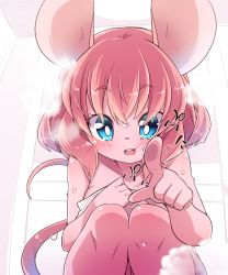 Rule 34 | 1girl, animal ears, blue eyes, blush, eyebrows, furry, furry female, looking at viewer, mouse ears, mouse tail, naked towel, open mouth, original, pink hair, short hair, solo, squatting, tail, towel, water drop, wet, yuuki (yuyuki000)