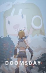 Rule 34 | 2girls, arm warmers, belt, blonde hair, bow, building, character name, chibi, collapsing, collar, collared shirt, crop top, dust, from behind, giant, giantess, grey collar, grey shorts, grey sleeves, gun, hair bow, hair ornament, hairclip, headphones, highres, holding, holding gun, holding weapon, kagamine rin, leg warmers, movie poster, multiple girls, neckerchief, open mouth, sailor collar, school uniform, shirt, short hair, short shorts, shorts, smile, solid oval eyes, standing, swept bangs, vocaloid, weapon, white bow, white shirt, wounds404, yellow neckerchief