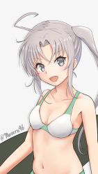 Rule 34 | 1girl, ahoge, akitsushima (kancolle), bikini, breasts, grey eyes, grey hair, highres, kantai collection, long hair, looking at viewer, mesera, one-hour drawing challenge, side ponytail, sidelocks, simple background, small breasts, solo, swimsuit, twitter username, upper body, white background, white bikini