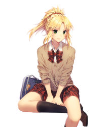 Rule 34 | 1girl, artist name, artoria pendragon (all), artoria pendragon (fate), bag, bag charm, black socks, blonde hair, bow, bowtie, braid, brown footwear, buttons, cardigan, character doll, charm (object), fate/apocrypha, fate (series), green eyes, hair ornament, highres, loafers, looking at viewer, mordred (fate), mordred (fate/apocrypha), parted bangs, plaid, plaid bow, plaid bowtie, plaid neckwear, plaid skirt, ponytail, rosuuri, saber lion, school bag, school uniform, shoes, short hair, sidelocks, simple background, sitting, skirt, sleeves rolled up, smile, socks, solo, v arms, white background, wing collar