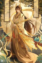 Rule 34 | 1boy, absurdres, alternate costume, architecture, chinese clothes, dragon horns, east asian architecture, genshin impact, hanfu, highres, horns, lofter, lofter logo, lofter username, looking at viewer, scroll, solo, tail, tassel, yanan882, zhongli (genshin impact)