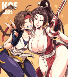 Rule 34 | 2girls, breasts, brown eyes, brown hair, cleavage, dougi, fatal fury, folded fan, folding fan, grin, hand fan, headband, high ponytail, highres, holding, holding fan, large breasts, long hair, looking at viewer, multiple girls, no bra, one eye closed, pelvic curtain, ponytail, red headband, revealing clothes, ryuuko no ken, shiranui mai, smile, snk, spandex, teeth, the king of fighters, thighs, user nvca2775, v, yellow eyes, yuri sakazaki