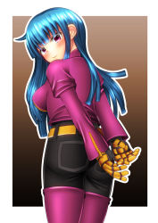 Rule 34 | 1girl, arms behind back, artist request, ass, blue hair, blush, breasts, from behind, gloves, jacket, kula diamond, long hair, looking at viewer, medium breasts, pants, purple eyes, sideboob, smile, snk, solo, the king of fighters